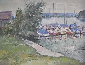 German Klenner : Segelboote im Chiemsee (Schafwaschen). - Öl/Hartfaser. - Kunsthandel Joseph Steutzger