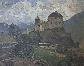 Karl Kaltenmoser (1853-1923) : Burg in Tirol (?) - Öl/Malpappe, signiert / Joseph Steutzger / Kunsthandel / Buch am Buchrain & Wasserburg am Inn