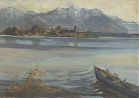 Zuschreibung : Heinrich Heidner (1876-1974): Fraueninsel im Chiemsee. - Ölstudie auf Pappe, nicht signiert. - Joseph Steutzger / Kunthandel Steutzger / Buch am Buchrain & Wasserburg am Inn