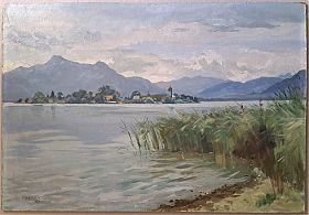 Willy Weber : Fraueninsel im Chiemsee. - Öl/Hartfaser, 1947. - Antiquariat Joseph Steutzger / Buch am Buchrain / Wasserburg am Inn