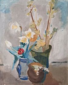Gretel Loher-Schmeck (1907 Augsburg - Frotzhofen/Anzing - Ebersberg 2003) : Frühlingsblumen. - Öl/Leinwand. - Kunshandel Joseph Steutzger - Wasserburg am Inn & Buch am Buchrain