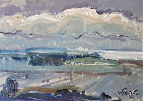 Herbert Finster (1930 Prien am Chiemsee - 2000 Albaching/bei Wasserburg am Inn) : Wolken überm Chiemsee. - Öl/Pappe 1988 - Kunsthandel Joseph Steutzger / Wasserburg am Inn & Buch am Buchrain