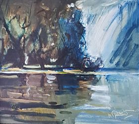 Herbert Finster (1930 Prien am Chiemsee - 2000 Albaching/bei Wasserburg am Inn) : Uferlandschaft (wohl am Chiemsee). - Öl/Holz - Kunsthandel Joseph Steutzger / Wasserburg am Inn & Buch am Buchrain