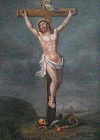 Carl Schlesing : Jesus am Kreuz/Golgatha. - Öl auf Leinwand/auf Holz, signiert und datiert "1875". - Joseph Steutzger / Wasserburg am Inn & Buch am Buchrain