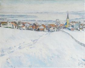 German Klenner (1909 Mähr. Karlsdorf-1981 Prien) : Hittenkirchen mit Blick auf den Chiemsee im Winter. - Öl auf Leinwand, 1967. - Antiquariat Steutzger : Wasserburg am Inn & Buch am Buchrain
